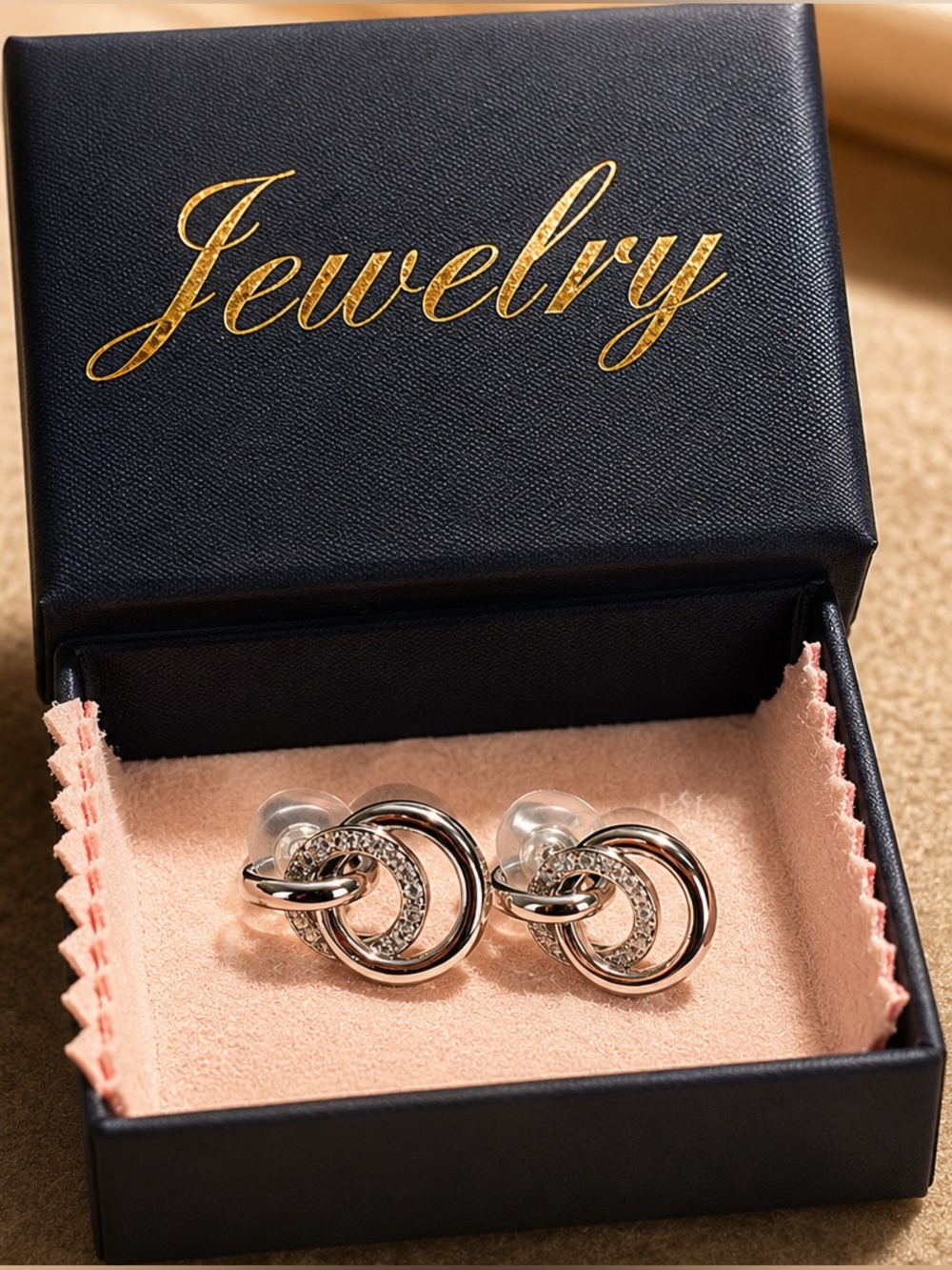 Silver Interlocking Circle Stud Earrings with Crystals - Women Jewelry